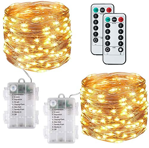 Augone [2 Pack Fairy Lights Battery Powered, 120LED 12M/40Ft 8 Modes Waterproof Outdoor/Indoor Copper String Lights with Remote Timer for Bedroom, Party, Wedding, Christmas Decorations (Warm White)