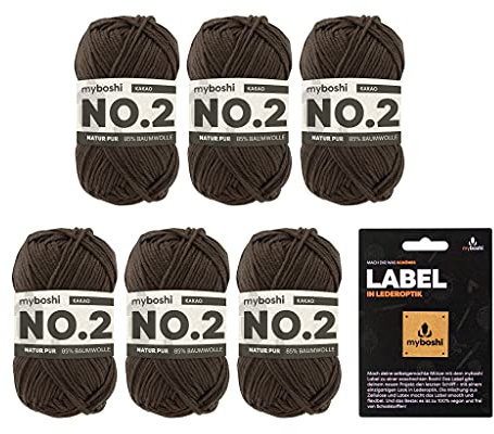 myboshi No.2 inkl. Label, Baumwolle zum Häkeln, Baby Wolle, vegane Wolle zum Stricken, Wolle 60 Grad waschbar, für Baby und Amigurumi, 50g, Ll 100m Braun (Kakao), 6 Knäuel