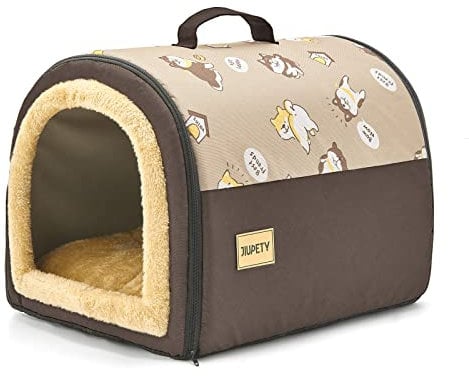 Jiupety Hundehütte Indoor, 2-in-1 Hundehaus für Drinnen, M Größe Hundehöhle Kleine Hunde für Katze und kleine Hunde, Warme Höhle Schlafnest, Braun