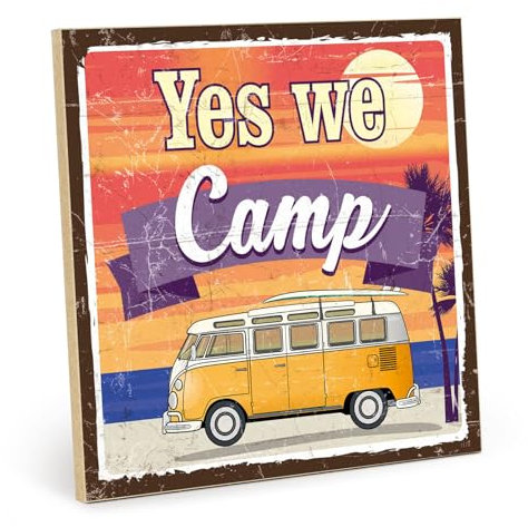 TypeStoff Holzschild mit Spruch – Yes we camp – im Vintage-Look mit Zitat als Geschenk und Dekoration zum Thema Camping - HS-01178