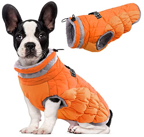 Lelepet Wasserdicht Hundemantel, Winter Winddicht Hundejacke mit Geschirr, Warme Reflektierend Schneeanzug Winterweste, Kaltes Wetter Hundepullover für Kleine Mittlere Große Hunde (Orange, S)