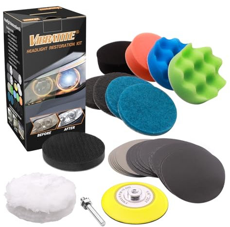 VIBRATITE 32PCS Scheinwerfer Restaurations Set, Polier Kit zur Wiederherstellung Stumpfer Verblasster Scheinwerfer,DIY Headlight Restoration Kit mit Schleifpapier,Polierschwamm, Schleifvlies