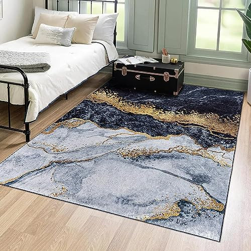 Mazovia Modern Teppich - Kurzflor Waschbar - Weich Teppich für Wohnzimmer, Schlafzimmer, Esszimmer – Teppiche Marmor Abstrakt Muster - Grau Gold 80 x 200 cm