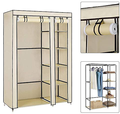 LANTUS Stoffschrank faltbar,hochrollbaren Türen,Faltschrank mit Stange Schrank groß stabil,Stoff Kleiderschrank mit Kleiderstange, Kleiderschrank Höhe 175cm,110 * 45 * 175cm-Beige