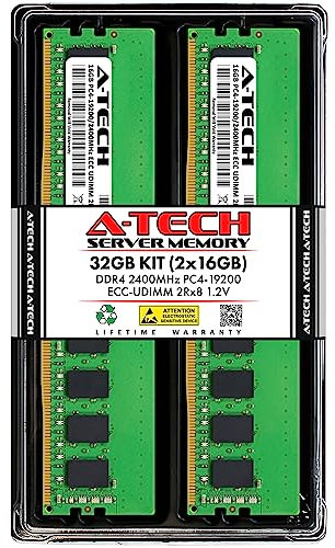 A-Tech Server 32GB Kit (2 x 16GB) 2Rx8 PC4-19200 DDR4 2400MHz ECC Unbuffered UDIMM 288-Pin Dual Rank DIMM 1.2V Workstation Server Memory RAM Upgrade Stick Modules (A-Tech Enterprise Series)