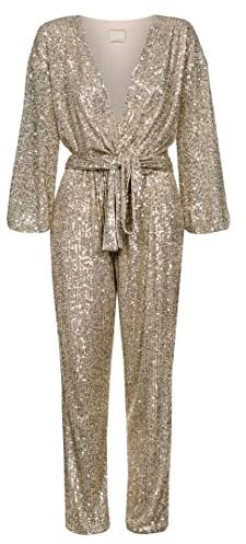 Swing Fashion Jumpsuit Damen Elegant | Festliches Party Glitzer Playsuit | Hosenanzug | Romper | Pailletten-Overall | V-Ausschnitt | Langarm | Gold | 38 (M)