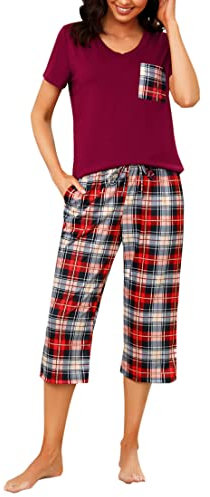 iClosam Pyjama Femme Été Coton Ensemble de Pyjama 2 Pièces VêTements de Nuit à Carreaux Confortable Doux Tenue de Nuit Court Respirant Vêtements de Détente col V
