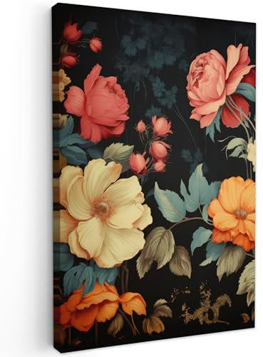 MuchoWow© Impression sur Toile Peinture 80x120 cm Tableau Mural Decoration Salon Reproductions de Tableaux Murale Moderne Vintage - Fleurs - Nature - Noir - Couleurs