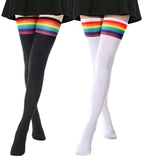 DRESHOW 2 Pairs Women's Rainbow Striped Overknee Tube Socks Thigh High Socks Cotton Stockings Leg Warmer for Women Girls