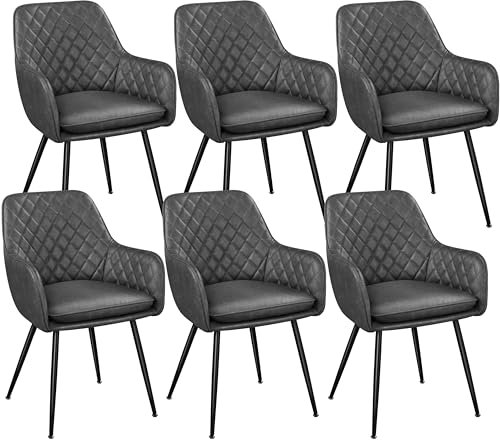 Yaheetech Esszimmerstühle 6er Set Küchenstühle, Polsterstühle mit Armlehnen Metallbeine, Seesel aus Kunstleder für Arbeitszimmer/Wohnzimmer, Dunkelgrau