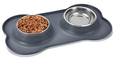 Dog Bowl, Small Dog Bowls/Puppy Bowl Stainless Steel Double Cat Bowls with Non-Spill/Non-Slip Silicone Mats Tray for Dogs Puppies Cats Food Water Feeding (M, 2 x 400ml)