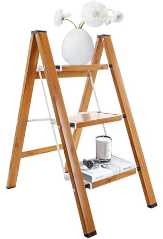 ARIIKON Scaletta Pieghevole in Alluminio a 3 Gradini, Scala Domestica con Pedale Largo Antiscivolo, Portatile Sgabello Salvaspazio, Portata max 150kg, Colore Venature del Legno + Bianco