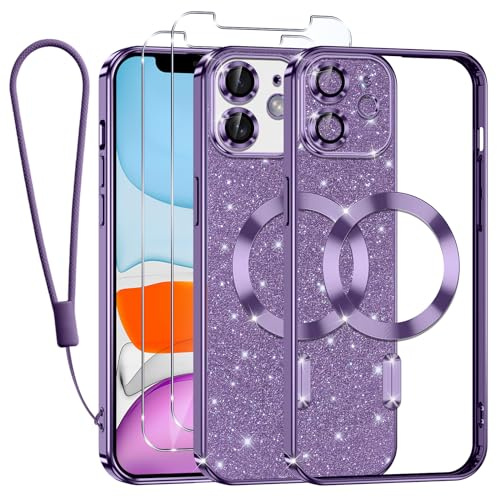 Kokio Funda Glitter Magnética para iPhone 11 con Cuerda [Compatible con MagSafe] Brillante Silicona Funda para iPhone 11 con 2 Piezas Cristal Templado Anti-Choque Carcasa, Morado
