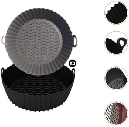 2 Pack Air Fryer Silicone Liners Pot for 3 to 5 QT - Reusable Basket Bowl, Ninja Airfryer Accessories, Non-Flammable Parchment Paper Replacement, Grey + Black (Top 8 inch, Bottom 6.75 inch)