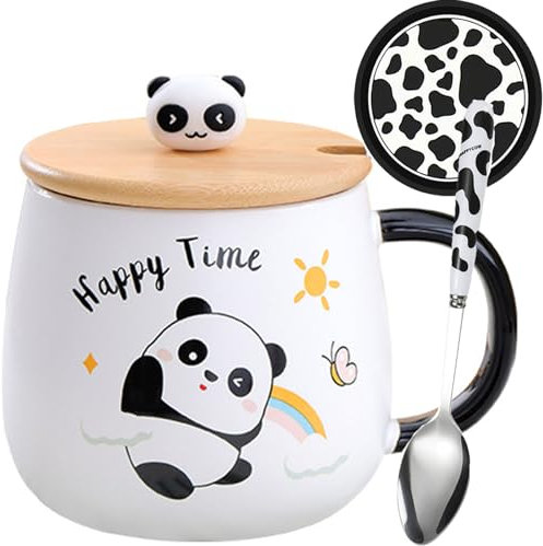 Disoza Panda Tasse mit Deckel Panda Mug 420ml Kaffee Tasse Geschenk Panda Keramik Teetasse mit Löffel & Untersetzer Tee Kaffee Weihnachten Becher Geburtstagsgeschenk für Frau Freundin Kinder