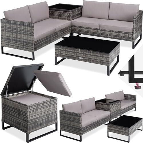 TecTake® Rattan Garden Lounge Set, Modular Corner Sofa with Garden Storage Box and Table, UV-Resistant Poly-Rattan Weave, Sturdy Frame, 2 Seater Sofa with Water-Repellent Cushions for Outdoor - grey