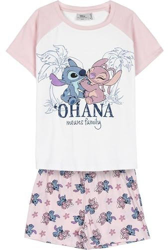 CERDÁ LIFE'S LITTLE MOMENTS Pyjama Stitch pour Enfants - Rose et Blanc - Taille 10 Ans - Pyjama Court en 100% Coton 145 g/m² - Imprimé Stitch et Angel - Produit Original Fabriqué en Espagne
