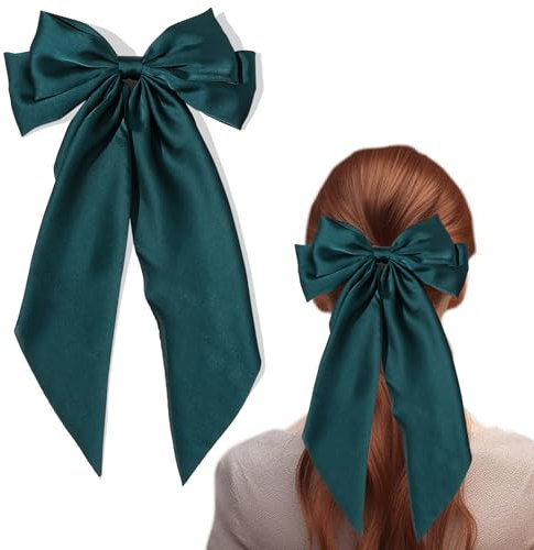 ZhongShuang Green Hair Bows for Women, Solid Color Bow Hair Clips with Long Ribbon, French Barrette Clips with Soft Satin Silky Material, Cute Gifts for Women & Girls