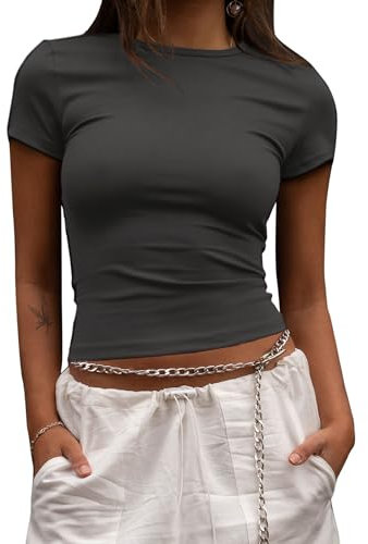 EFFAN Womens Yoga Workout Tops Summer Tight Tee Shirts Cute Fitted Short Sleeve Tops for Women Crew Neck Babe Tee Grey M