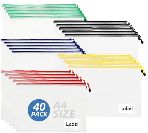 MUXHEL 40PCS A4 Zip Wallets, Colorful A4 Plastic Wallets with Label Pockets, Plastic Zip Folders a4 Mesh Zip Wallet for School Office Homework Travel Storage Bag