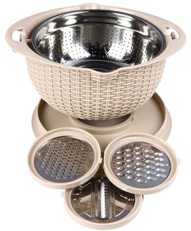 Stainless Steel Colander Bowl Set, 4 in 1 Mixing Bowl with Slicer, Rotatable Drain Basket, Lid and Grater, Salad Spinner, Fruit Cleaner, Vegetable Washer, Kitchen Essential (Beige)