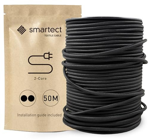smartect Cavo Elettrico Tessile Nero, 50 Metri Filo Elettrico Vintage, Bipolare (2 x 0.75mm²) Cavo Elettrico Rivestito in Tessuto per Fai da Te