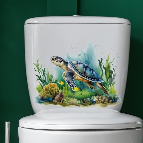 Sea World Toilettendeckel-Aufkleber, Schildkröte, Wassergras, Koralle, Muschel, Blume, Blatt, wasserdicht, WC-Deckel, Tanksitz-Aufkleber, Spülkasten, selbstklebend, Badezimmer-Wandaufkleber