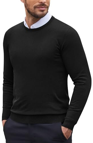 COOFANDY Jersey para hombre, cuello redondo, manga larga, corte ajustado, jersey de invierno, suéter de negocios, monocolor, sudadera informal, Negro , L