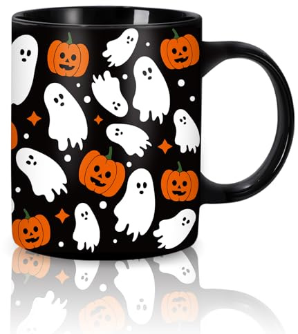 Whaline Halloween Mug Ghost Pumpkin Coffee Mug Black White Orange Ceramic Drinking Mugs for Halloween Party Supplies Table Centerpieces, 12oz