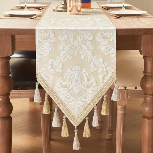 TOPLUXE Tischläufer mit Quasten, Florale Tischdecke für Esstisch Urlaub Party Wohnzimmer Dekoration (33x228cm, Beige & Weiß)