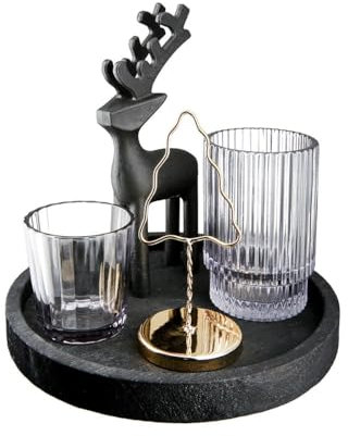 Elegantes Deko-Ensemble mit Hirschfigur, Windlichter und Tablett, Glas und Holz, für Zuhause
