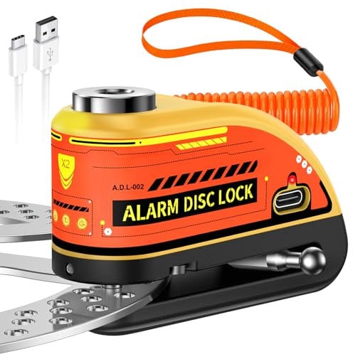 ZEXMTE Bloccadisco per moto, con allarme, ricaricabile, 120 dB, antifurto, con cavo di promemoria, resistente e impermeabile, per moto, bici, scooter, bici elettrica