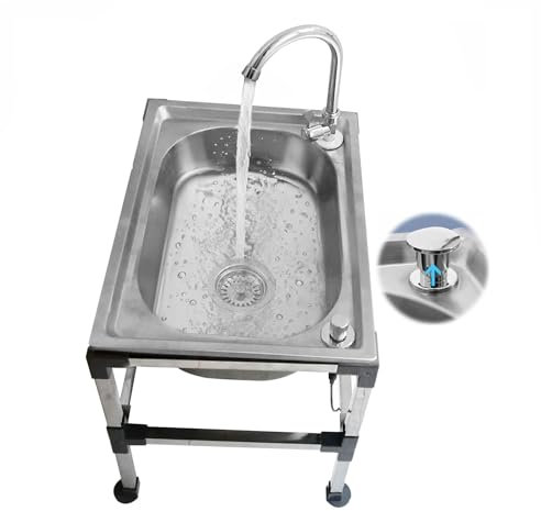 Stainless Steel Utility Sink Laundry Tub Indoor Outdoor Basement Portable Wash Sink Floor Mop Sink With Deep Basin And Drainage, Commercial Mop Slops Sinks For Garage Garden, 1-button Drain(48x35cm)