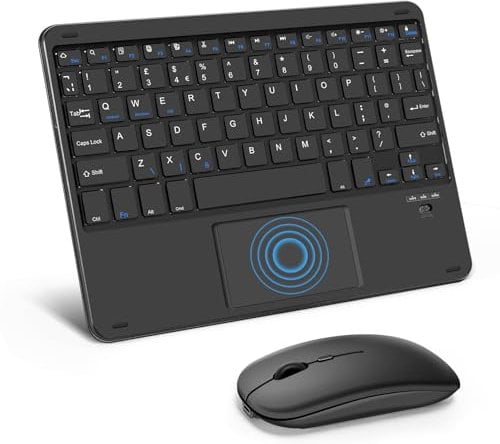 SOPPY Portable Bluetooth Keyboard with Touchpad and Mouse, Rechargeable Mini Keyboard, Wireless Keyboards for iPad Air/Pro/Tablets/Android/iOS/Windows, UK Layout (Black)