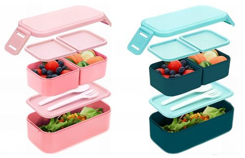 Bugucat Brotdose Kinder mit Fächern 1300ML 2 Set, 2 in 1 Brotdose Lunchbox Kinder mit 3 Fächern, Auslaufsicher Bento Box Lunchbox Erwachsene, Vesperdose Frühstücksbox für Mädchen & Jungen Rosa Blau