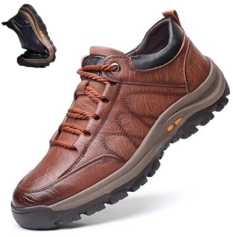 Nbzsmlkn Hand-stitched Leather Shoes,Men Hiking Shoes Arch Support Anti-Fatigue Anti Slip Shock Warm Running Boots,Men's Comfortable Orthopedic Leather Sneakers with Arch Support (Brown,10)