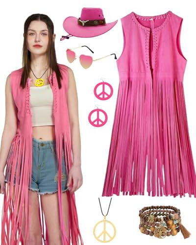 Costume hippie de cowgirl avec gilet à franges, boucles d'oreilles, lunettes, bracelet, collier (rose, taille M)