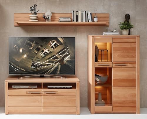 möbelando Wohnwand >Nature One< 3-teilig, 260/170/45 cm, Kernbuche, LED-Beleuchtung, Softclose, FSC-Zertifiziert, modernes Design, TV-Schrank, Wandboard, Stauraumvitrine, B/H/T ca. 260x170x45cm.