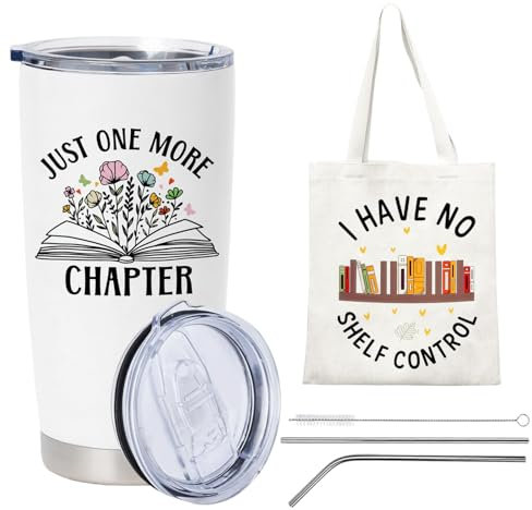 Onperpoe Book Lover Gifts Set, Canvas Bag and Stainless Steel Insulated Cup with Straw and Lid, Double Wall Vacuum Travel Coffee Tumbler Set Books Tote Bag Gifts for Book Lovers