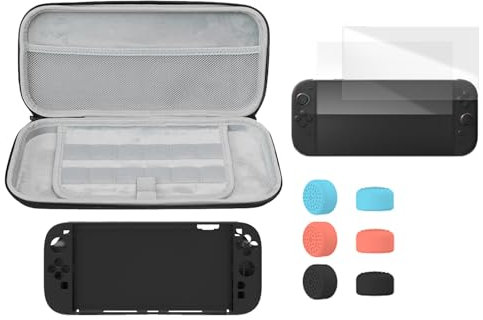 CERFFOOL Kit Custodia Protettiva per Nintendo Switch 2 Custodia Protettiva in Silicone Nero + Custodia da Trasporto + 2 PCS Protezione Schermo + Set di 6 Tappi Joystick per Accessori di Ricambio