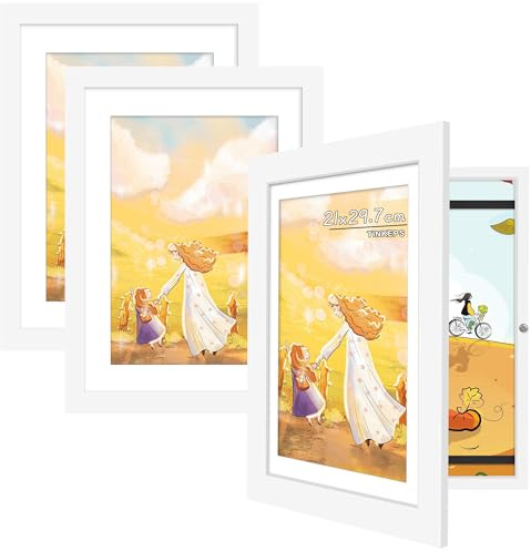 Tinkeps Bilderrahmen Kinderzeichnungen A4 3er Set Weiß Holz | 3er Pack Holzrahmen mit bruchsicherer Acrylglasplatte, ideal für Kunstwerke & Kinderfotos, A4 Wand & Tisch