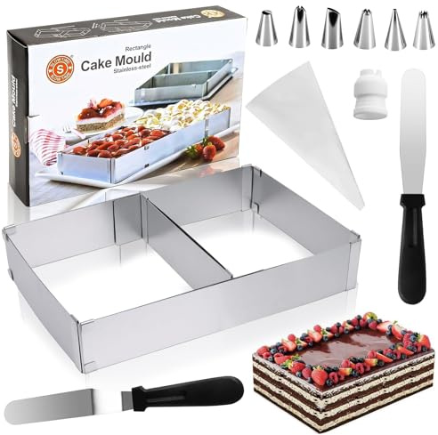 QMLING Backrahmen Rechteckig Verstellbar Edelstahl: Backrahmen Eckig mit Teiler Spatel Spritzbeutel und Tüllen, Tortenring Eckig für Kuchen Backen