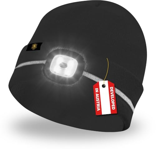 G4P LED Mütze mit Reflektionsstreifen, Wintermütze mit herausnehmbarer LED-Leuchte, USB-aufladbar, 4 Leuchtstärken, ca. 60 Min. Leuchtdauer, Universalgröße