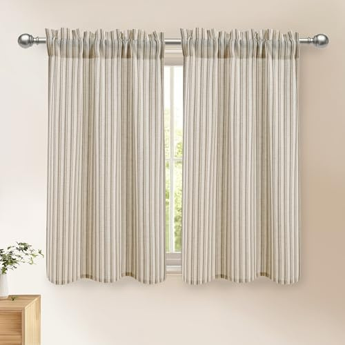 DWCN Leinenoptik Scheibengardinen Kurz H120xB60cm Küchengardinen Modern | Taupe Gestreift 2er Set, Küche Vorhänge Bistrogardine Gardinen Landhausstil Halbtransparente Schrankvorhang