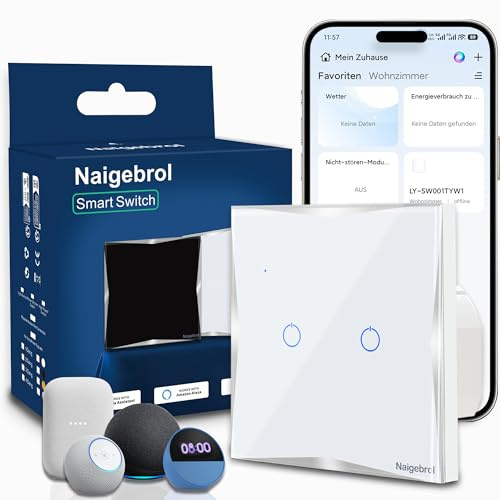 WLAN Smart Lichtschalter 2-Gang Unterputz mit Neutralleiter, keine Wechselschaltung, App Steuerung, Touch Glas, Alexa & Google, 2.4GHz, Ohne Hub, 10A 400W（Weiß）