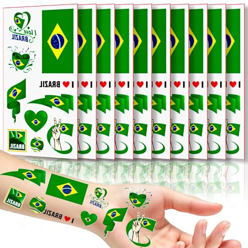 10 Sheets Brazil Flag Temporary Tattoo, Brazilian Flag Tattoo Transfer Stickers Brazilian Patriotic Tattoos for World Cup Football 2026 Decoration National Day Brazil Party Decorations