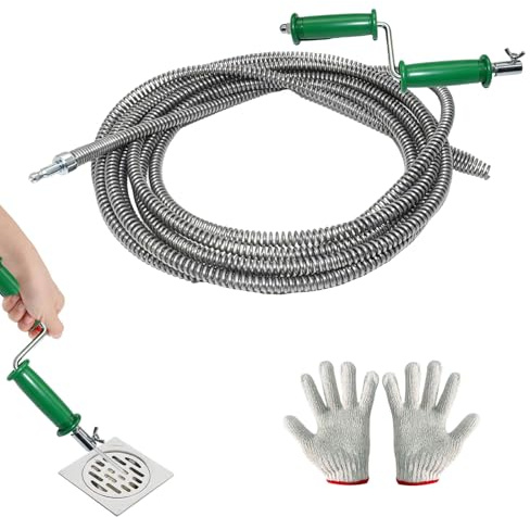 Drain Snake Unblocker Tool 5M (16.4ft), Flexible Plumbing Snake with Protective Gloves, Professional Sink Snake Drain Unblocker for Kitchen Sink, Bathroom, Shower, Bathtub & Sewer Pipes