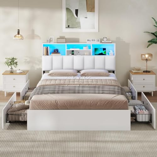 AOGLLATI Camas Matrimoniales con 4 Cajones, Estructura Cama 140x190 con Iluminación LED e Estación de Carga, Estructura Cama con Cabecero Tapizado en PU, Blanco (Sin colchón)