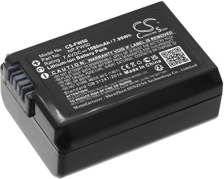 CS-FW50 Battery 1080mAh compatible with [Sony] Alpha 33, Alpha 5000, 5100, 55, 55V, 6, 7, A6300, A7 II, SLT-A35, DLSR A33, DLSR A37, A55, ILCE-5000, ILCE-5100, ILCE-6000, ILCE-7, ILCE-7/B, ILCE-7K/B