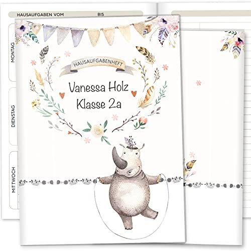 Olgs Hausaufgabenheft Hülle Boho Freunde inkl. Heft Schulheft Schutzhülle Umschlag Geschenkidee Einschulung personalisierbar mit Namen und die Schulklasse (personalisiert, Nashorn)